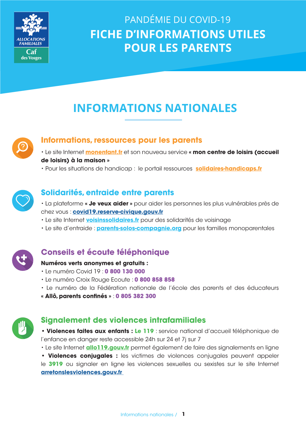 Fiche D'informations Utiles Pour Les Parents