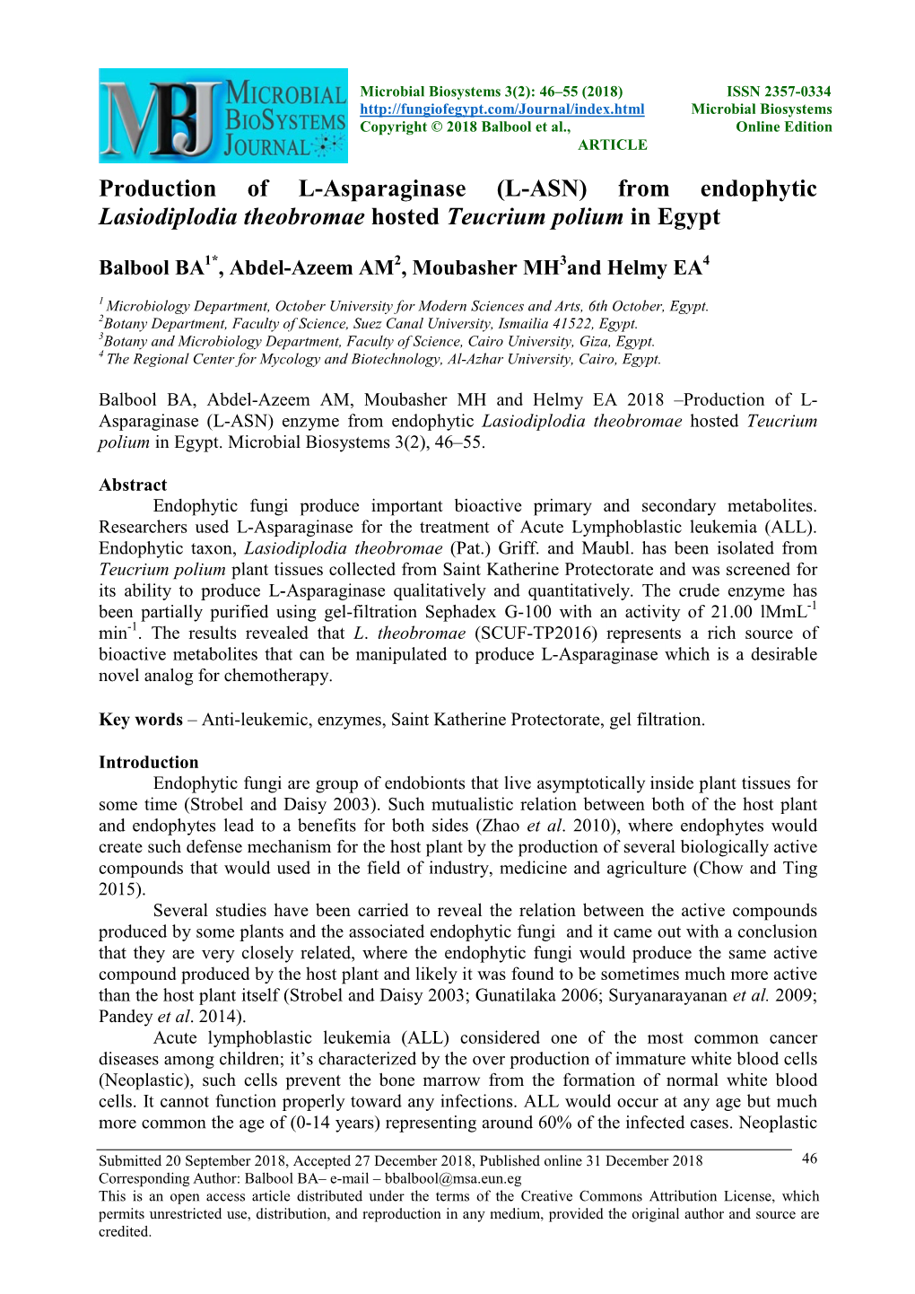 From Endophytic Lasiodiplodia Theobromae Hosted Teucrium Polium in Egypt