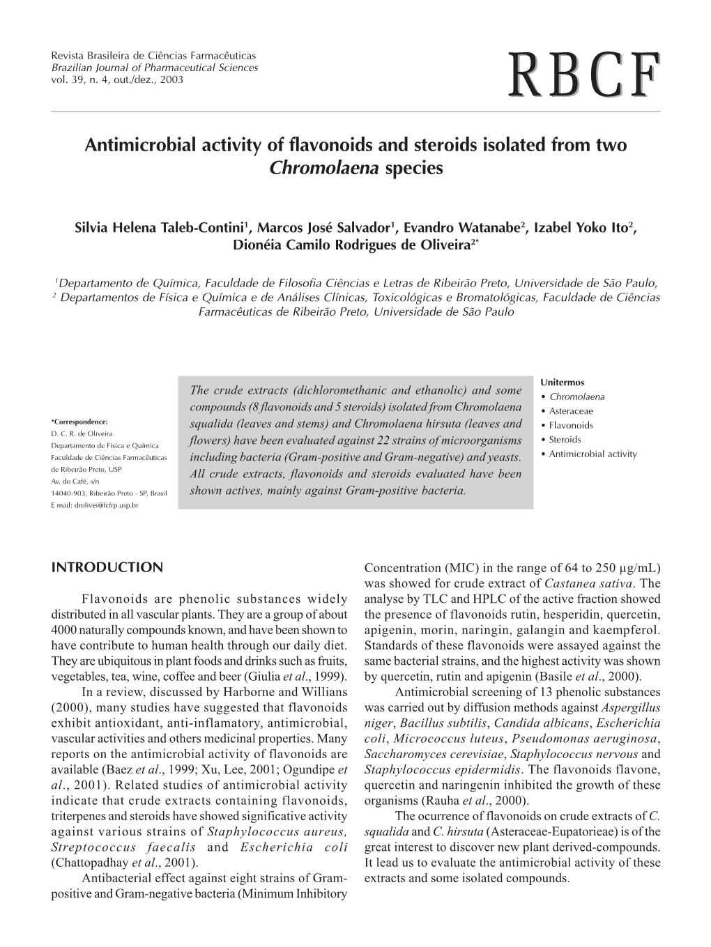 Antimicrobial Activity of Flavonoids and Steroids Isolated from Two Chromolaena Species