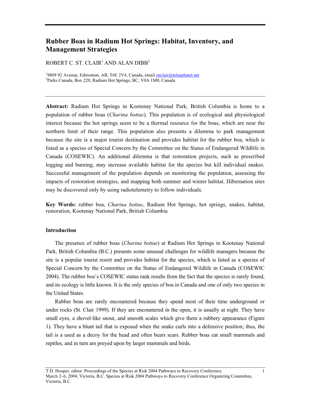 Rubber Boas in Radium Hot Springs: Habitat, Inventory, and Management Strategies