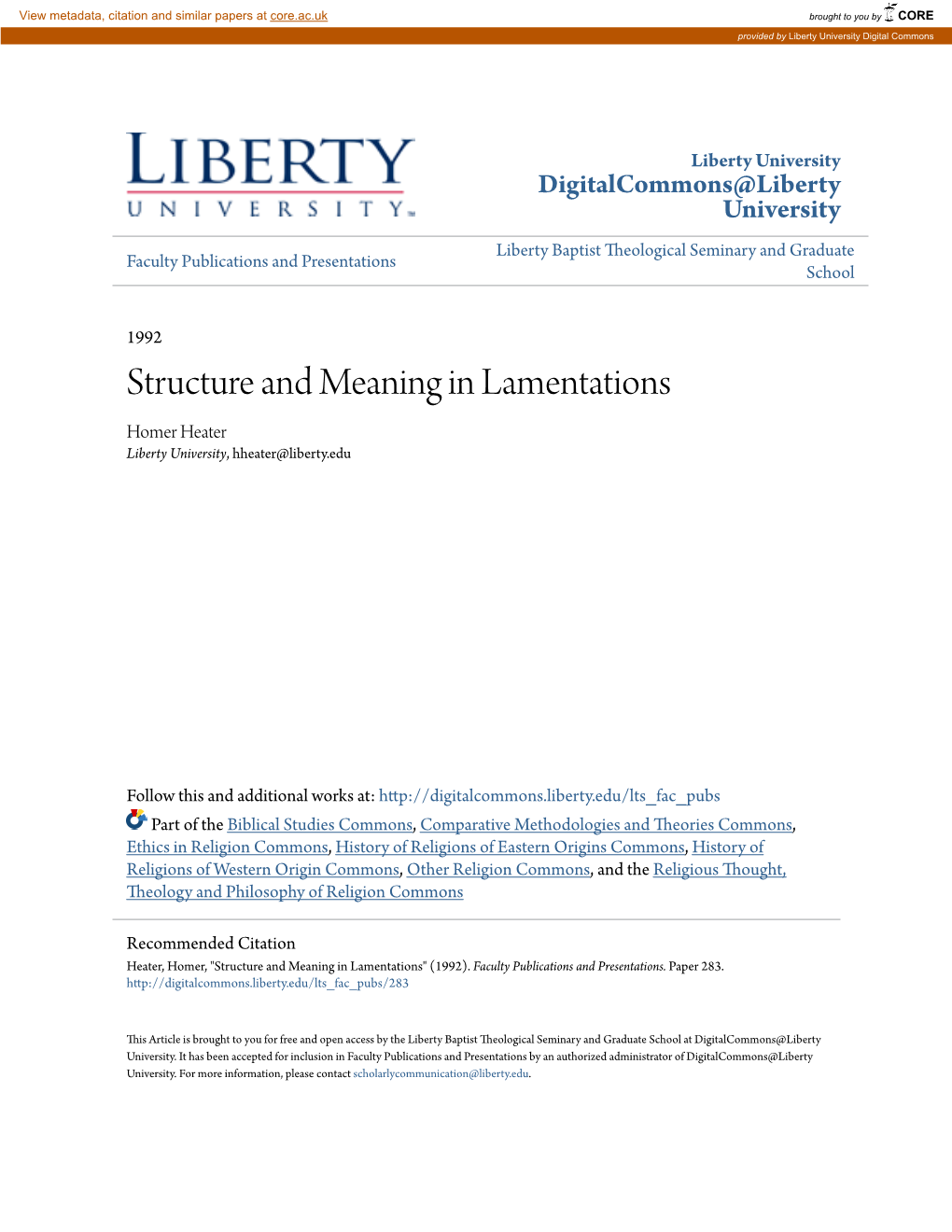 Structure and Meaning in Lamentations Homer Heater Liberty University, Hheater@Liberty.Edu