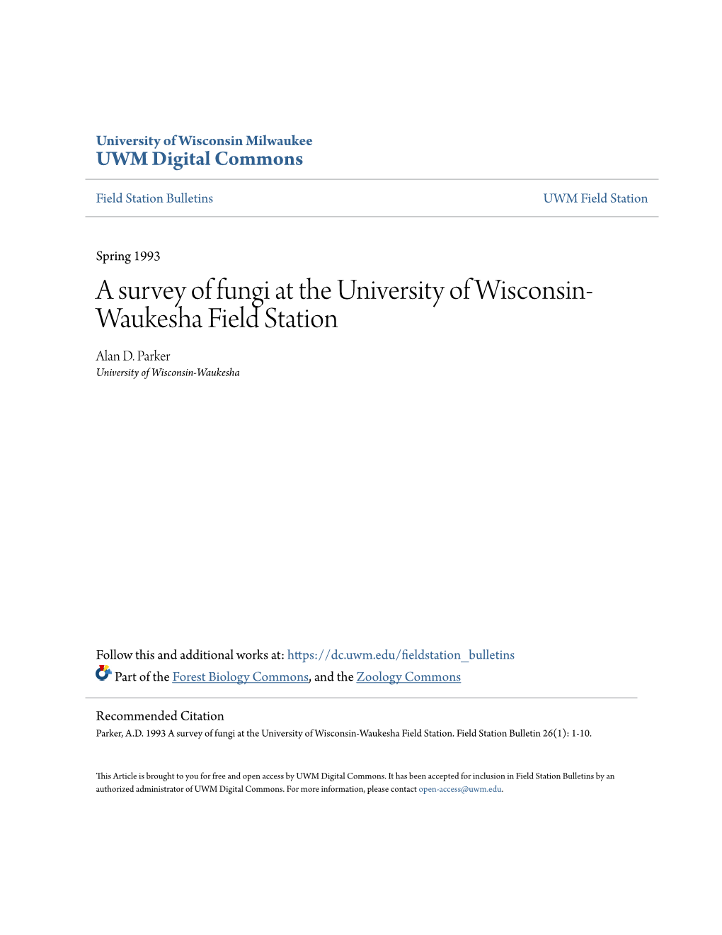 A Survey of Fungi at the University of Wisconsin-Waukesha Field Station