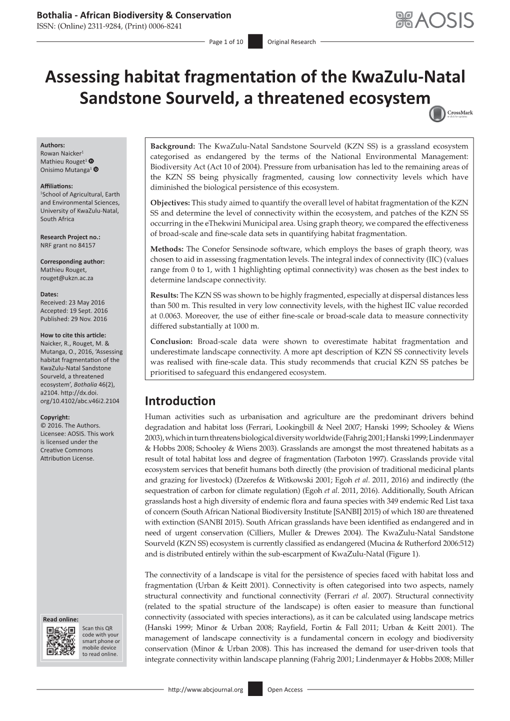 Assessing Habitat Fragmentation of the Kwazulu-Natal Sandstone Sourveld, a Threatened Ecosystem