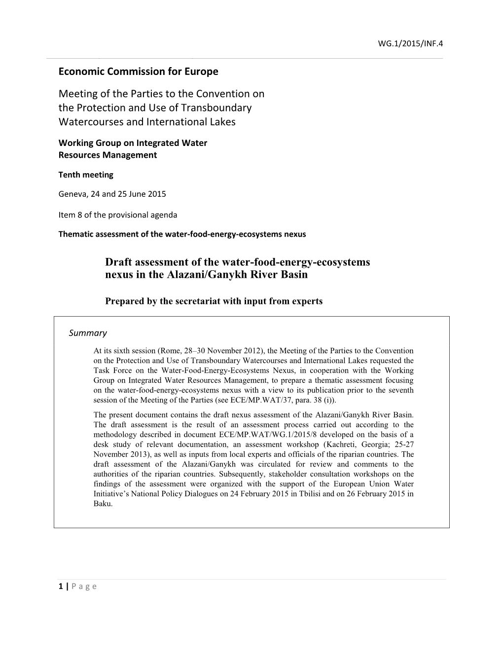 Economic Commission for Europe Meeting of the Parties to the Convention on the Protection and Use of Transboundary Watercourses and International Lakes