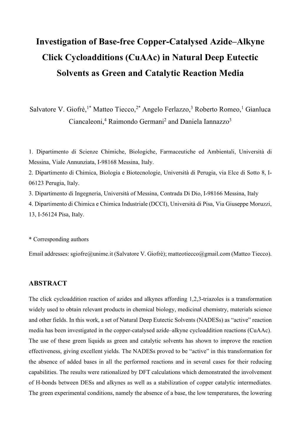 Investigation of Base-Free Copper-Catalysed Azide–Alkyne Click Cycloadditions (Cuaac) in Natural Deep Eutectic Solvents As Green and Catalytic Reaction Media