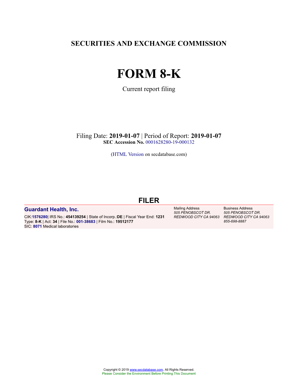 Guardant Health, Inc. Form 8-K Current Event Report Filed 2019-01