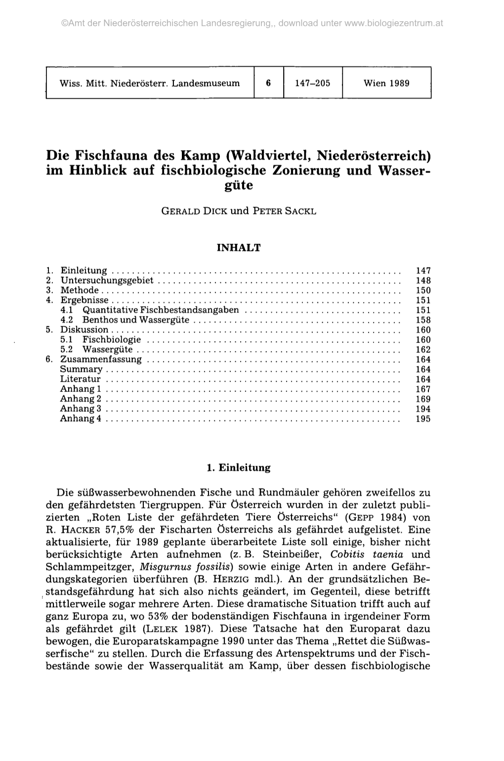 Die Fischfauna Des Kamp (Waldviertel, Niederösterreich) Im Hinblick Auf Fischbiologische Zonierung Und Wasser- Güte