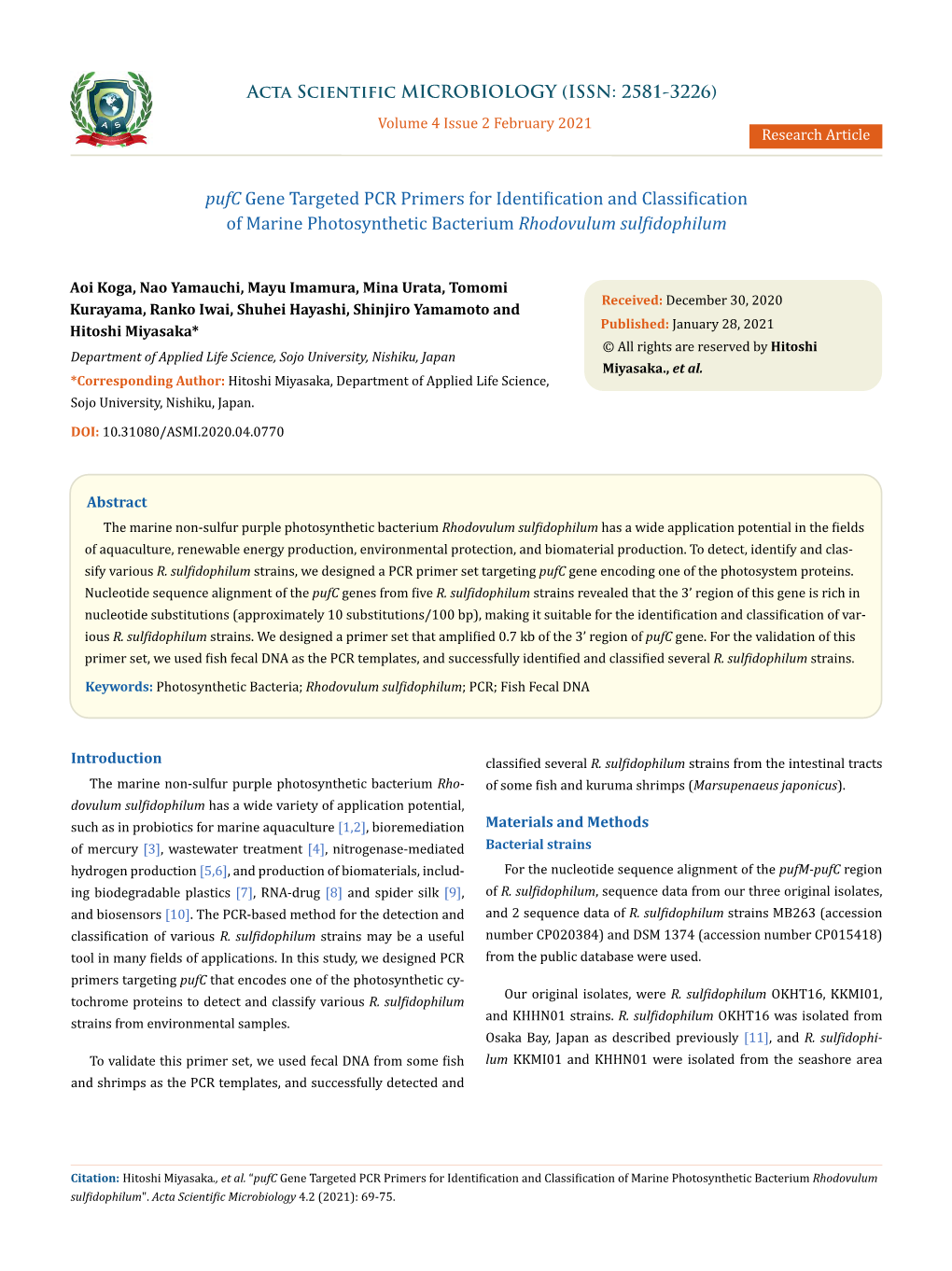 Pufc Gene Targeted PCR Primers for Identification and Classification of Marine Photosynthetic Bacterium Rhodovulum Sulfidophilum