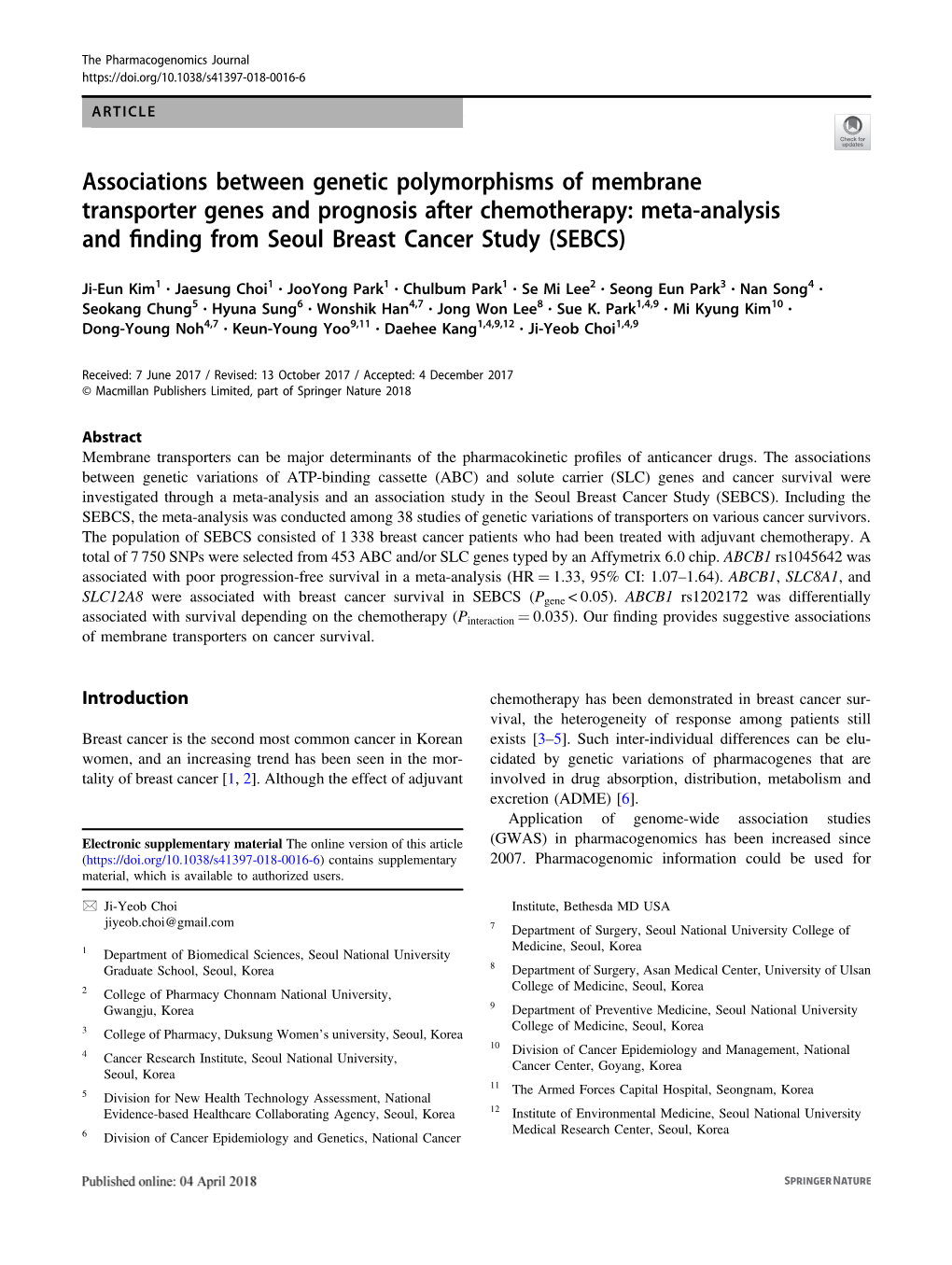 Meta-Analysis and Inding from Seoul Breast Cancer Study (SEBCS)