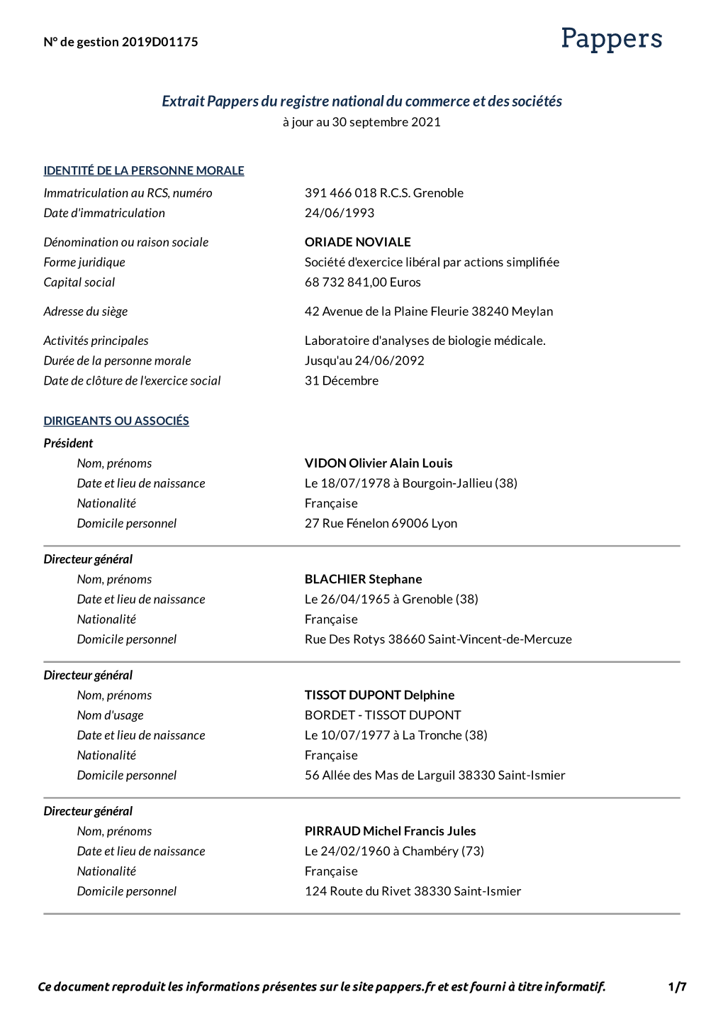 Extrait Pappers Du Registre National Du Commerce Et Des Sociétés a Jour Au 30 Septembre 2021