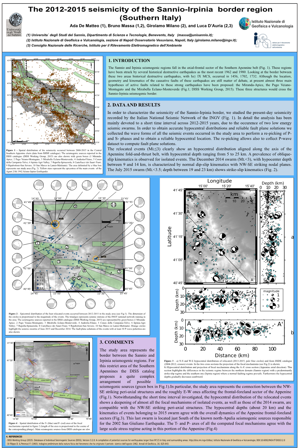 The 2012-2015 Seismicity of the Sannio-Irpinia Border Region (Southern Italy) Ada De Matteo (1), Bruno Massa (1,2), Girolamo Milano (2), and Luca D’Auria (2,3)