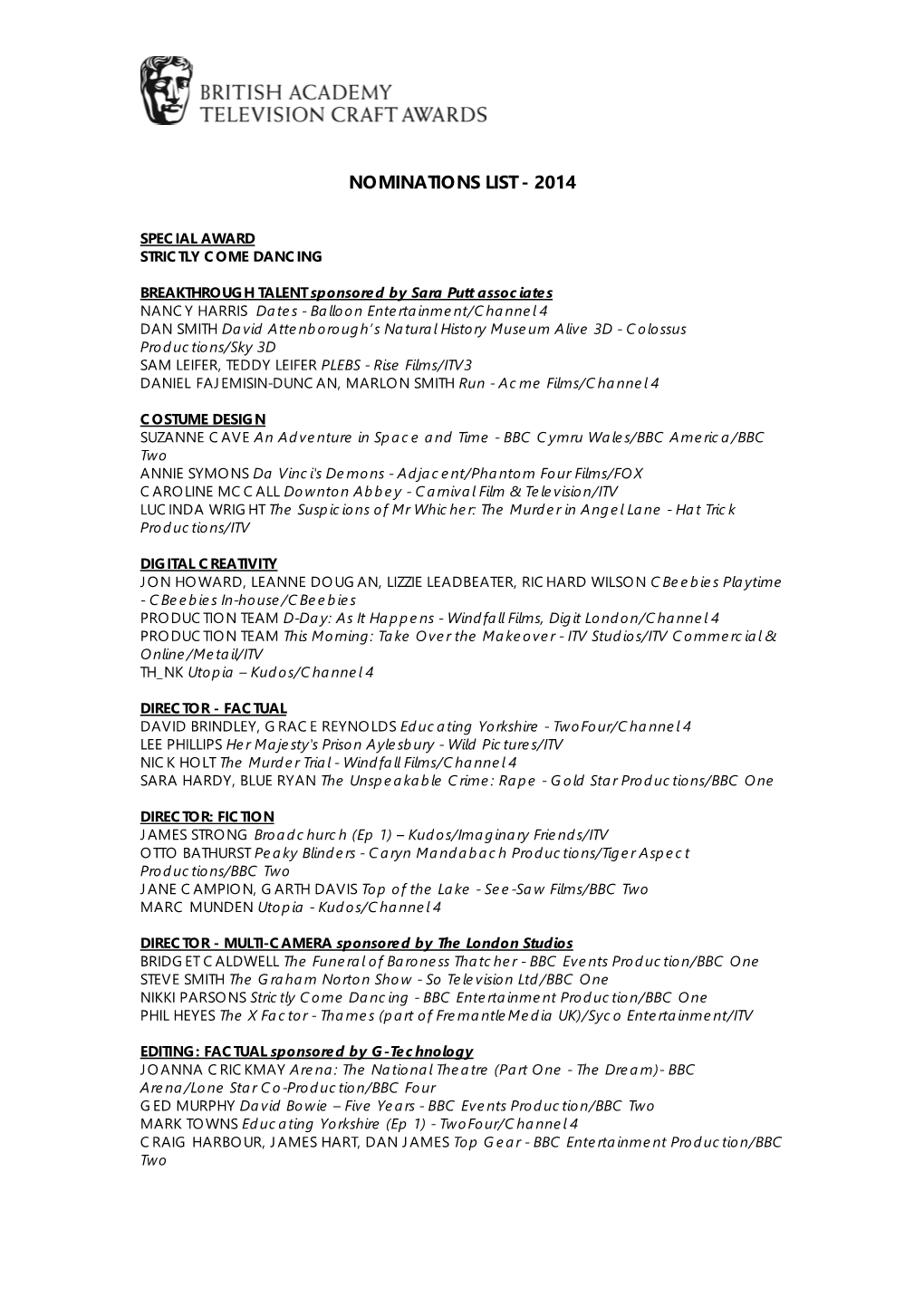 Nominations List - 2014