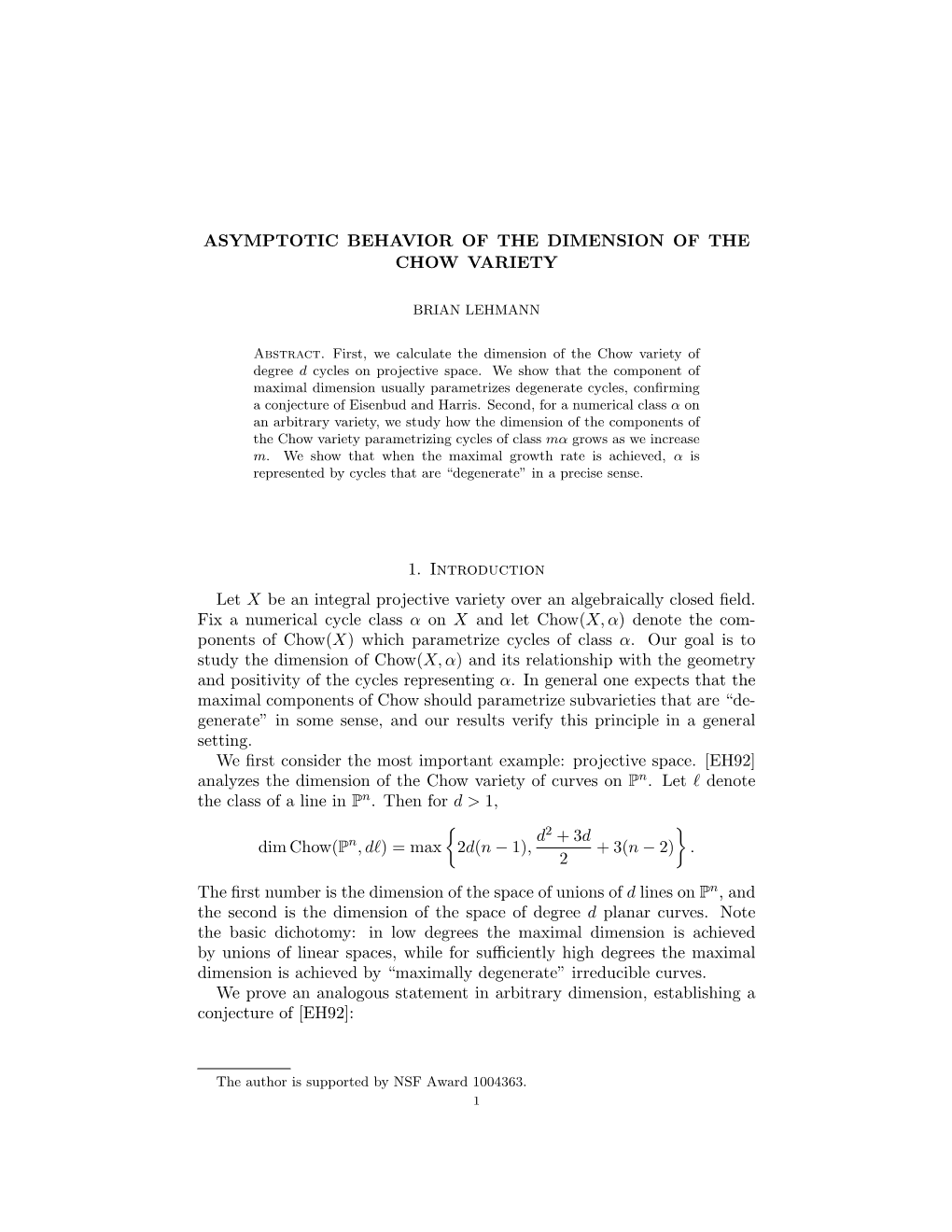 Asymptotic Behavior of the Dimension of the Chow Variety