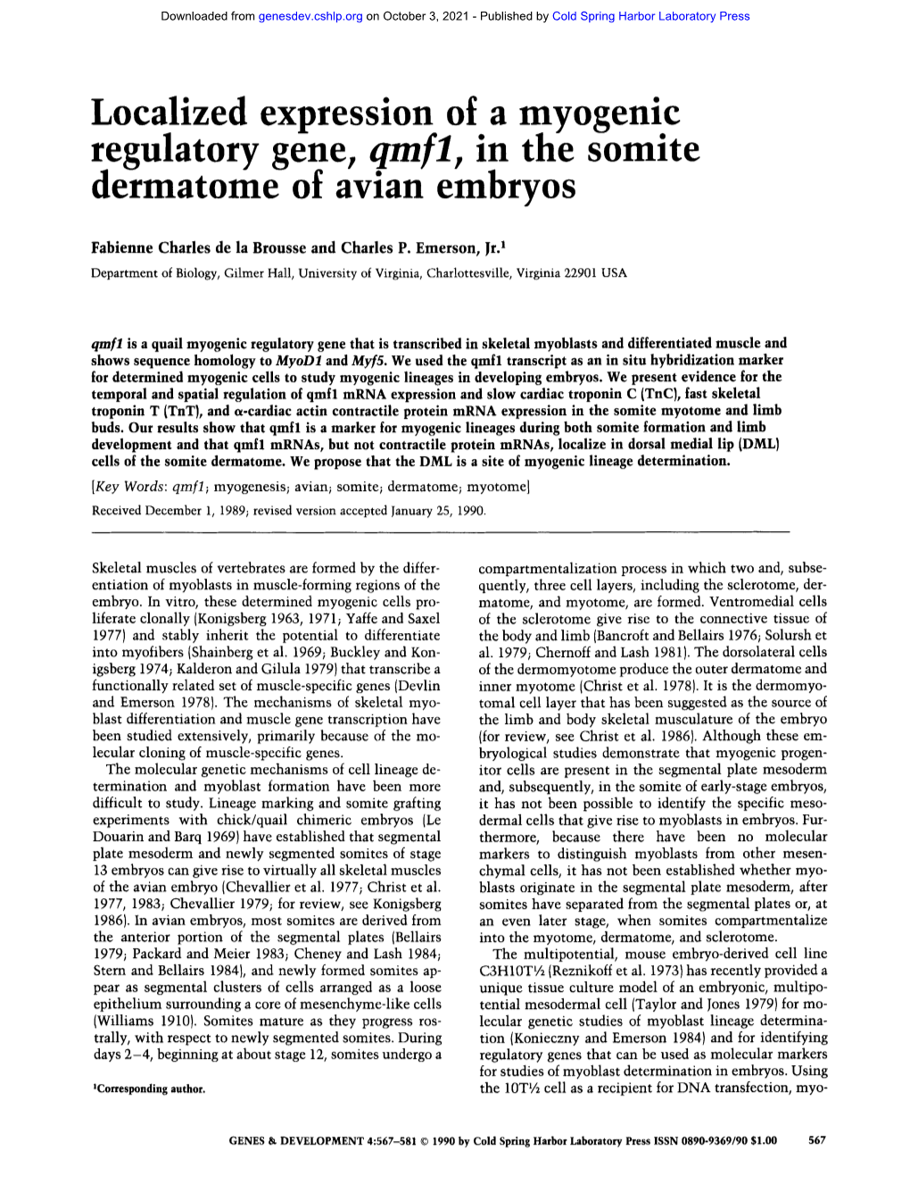 Localized Expression of a Myogenic Regulatory Gene, Qmfl, in the Somlte Dermatome of Avian Embryos