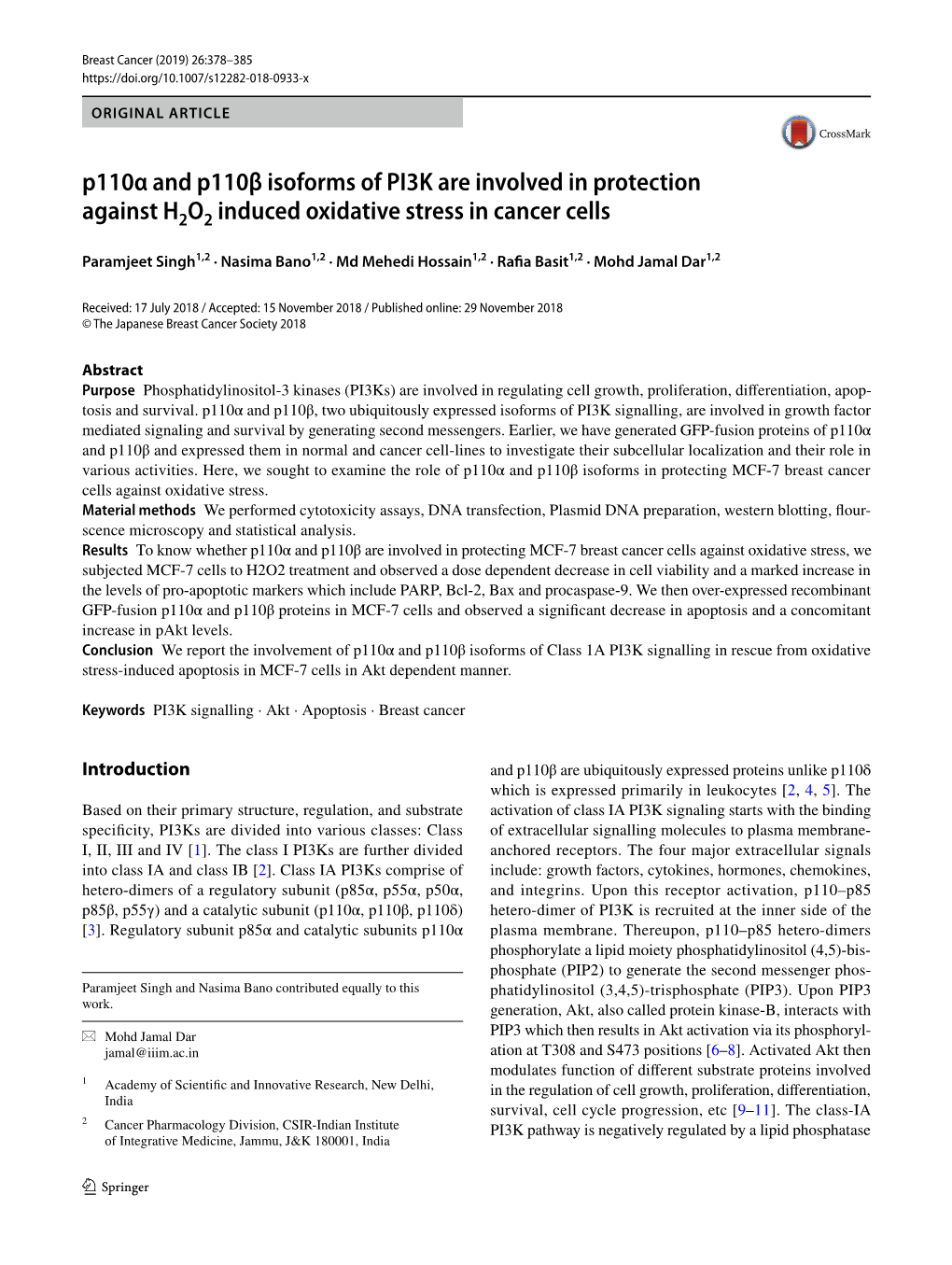 P110α and P110β Isoforms of PI3K Are Involved in Protection Against H­ 2O2 Induced Oxidative Stress in Cancer Cells