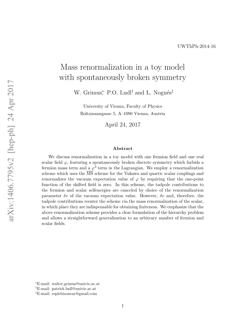 Arxiv:1406.7795V2 [Hep-Ph] 24 Apr 2017 Mass Renormalization in a Toy Model with Spontaneously Broken Symmetry