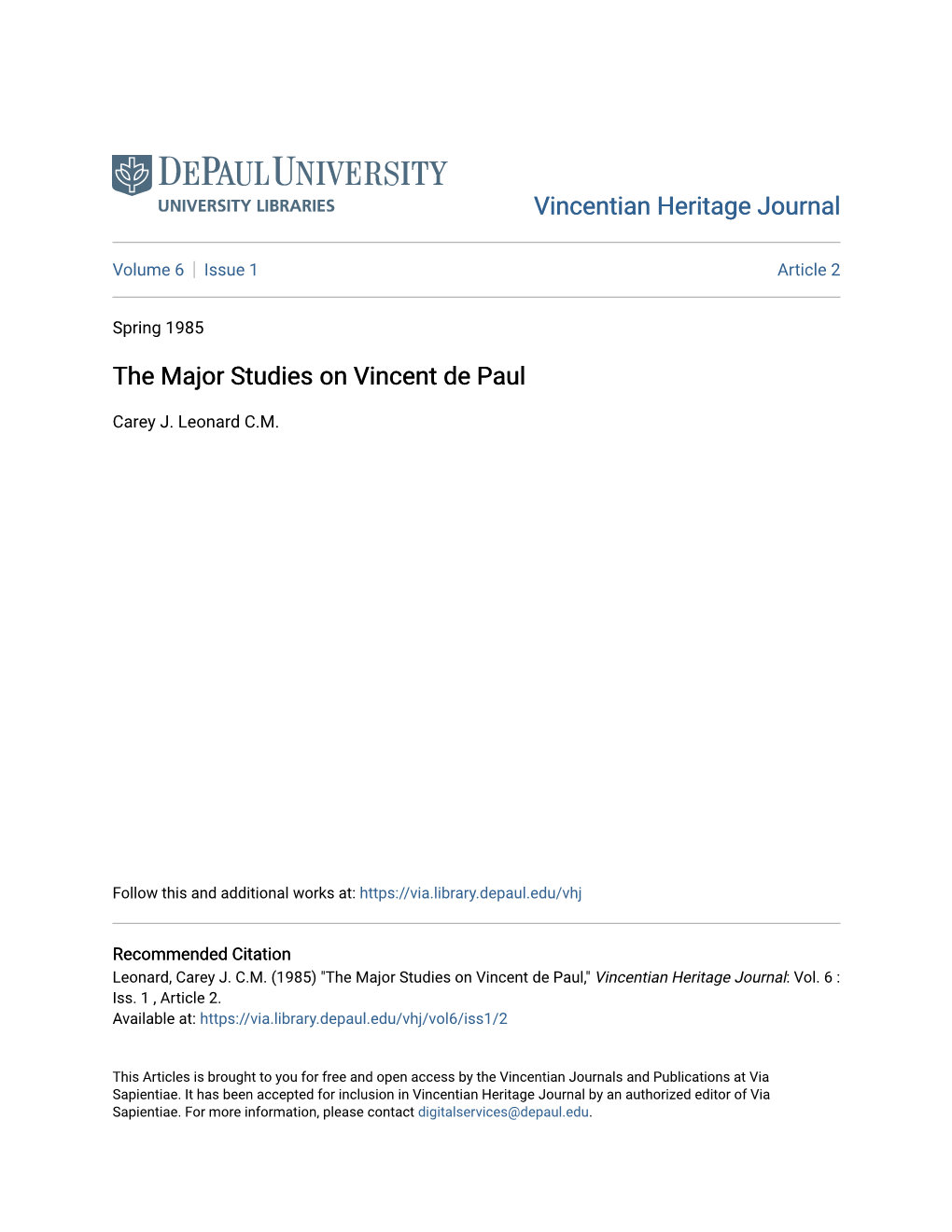 The Major Studies on Vincent De Paul