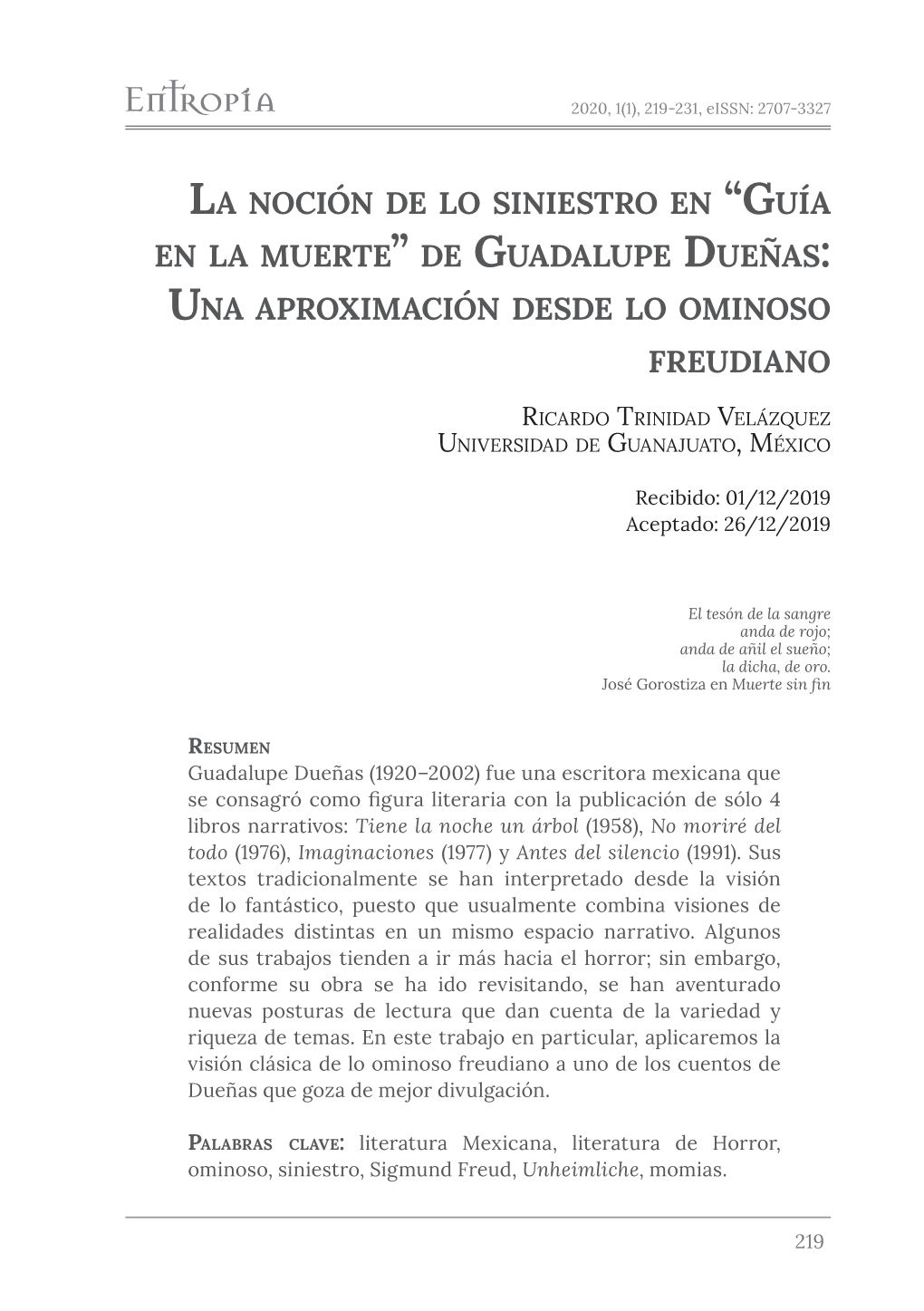 La Noción De Lo Siniestro En “Guía En La Muerte” De Guadalupe Dueñas: Una Aproximación Desde Lo Ominoso Freudiano