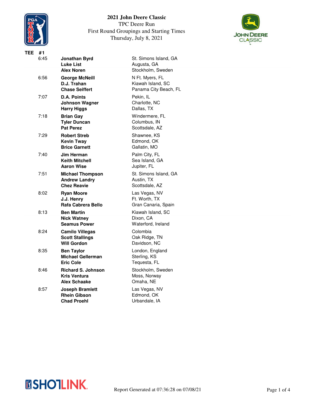 2021 John Deere Classic TPC Deere Run First Round Groupings and Starting Times Thursday, July 8, 2021