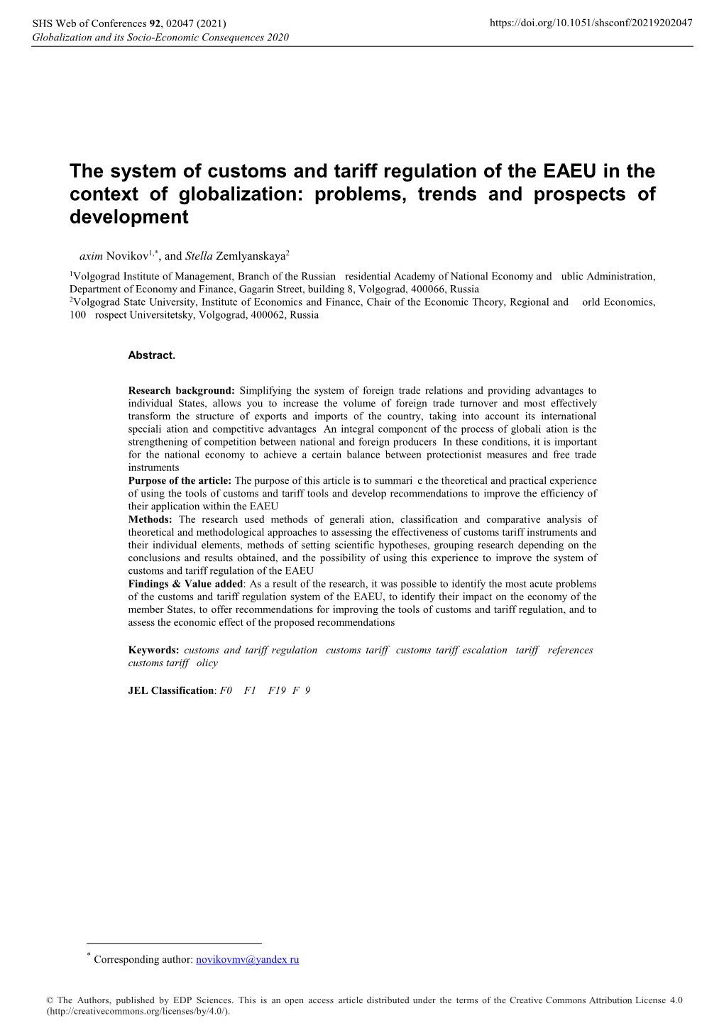 The System of Customs and Tariff Regulation of the EAEU in The