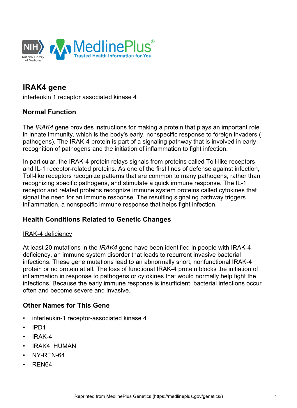 IRAK4 Gene Interleukin 1 Receptor Associated Kinase 4