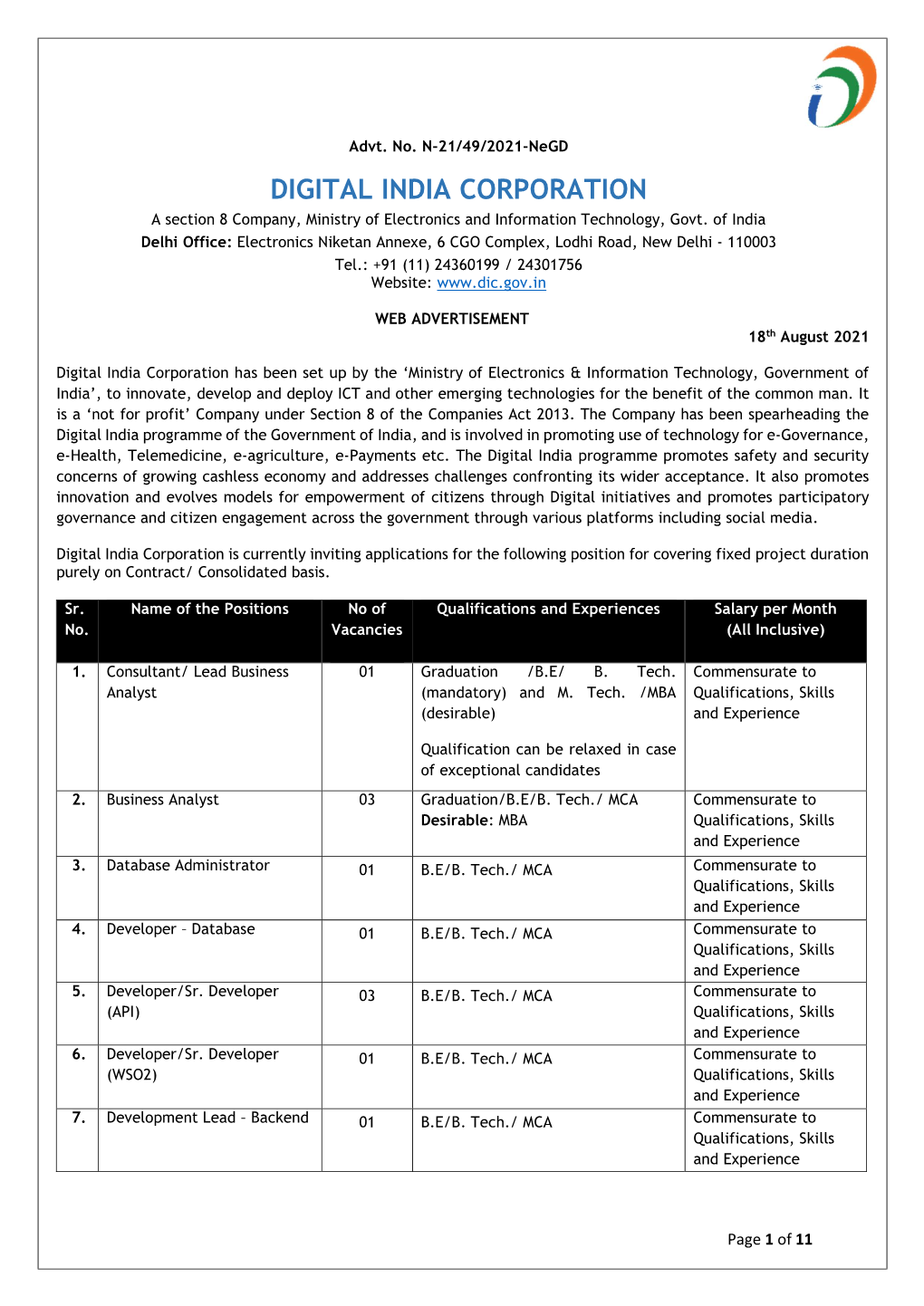 DIGITAL INDIA CORPORATION a Section 8 Company, Ministry of Electronics and Information Technology, Govt