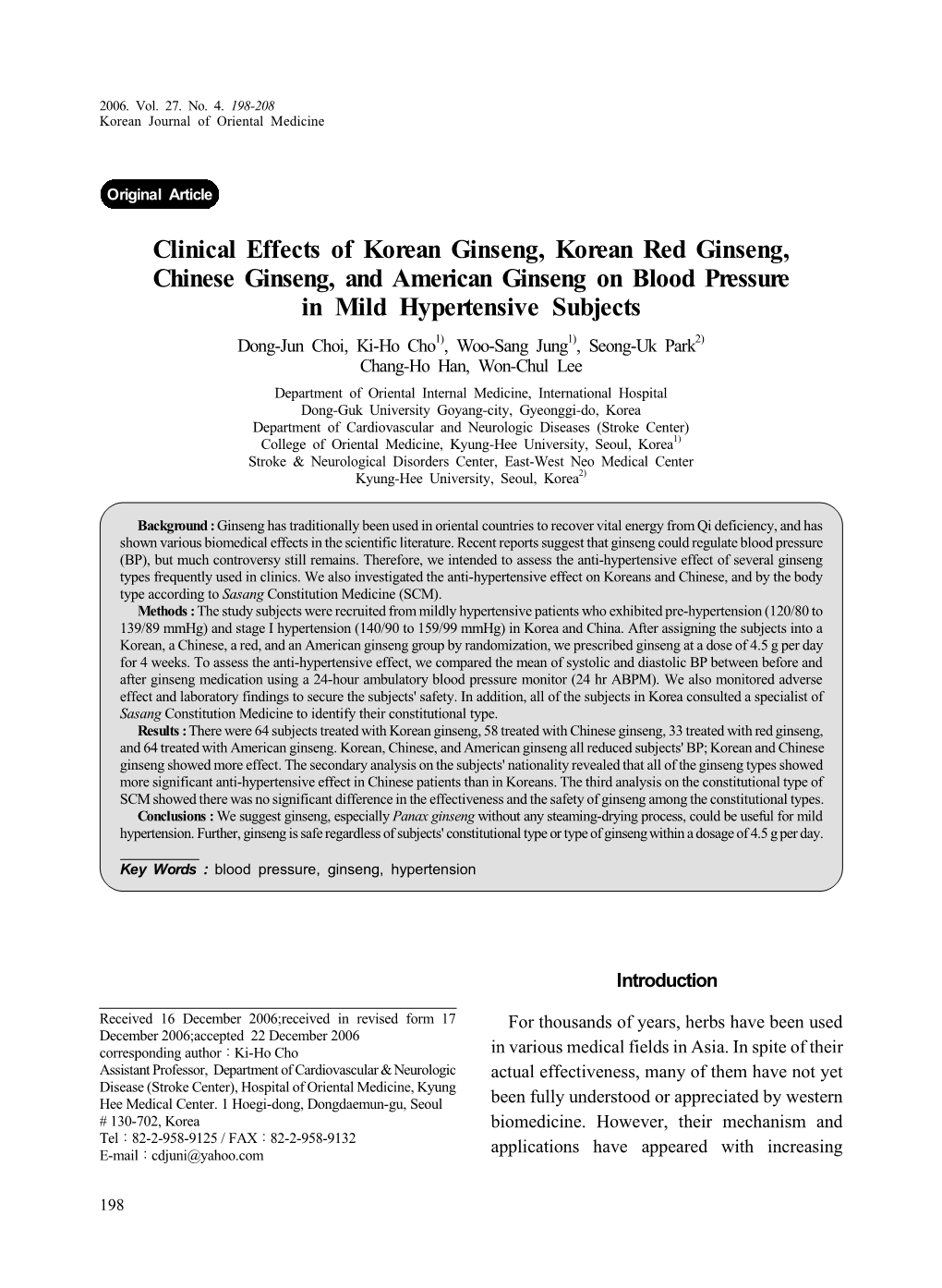 Clinical Effects of Korean Ginseng, Korean Red Ginseng, Chinese