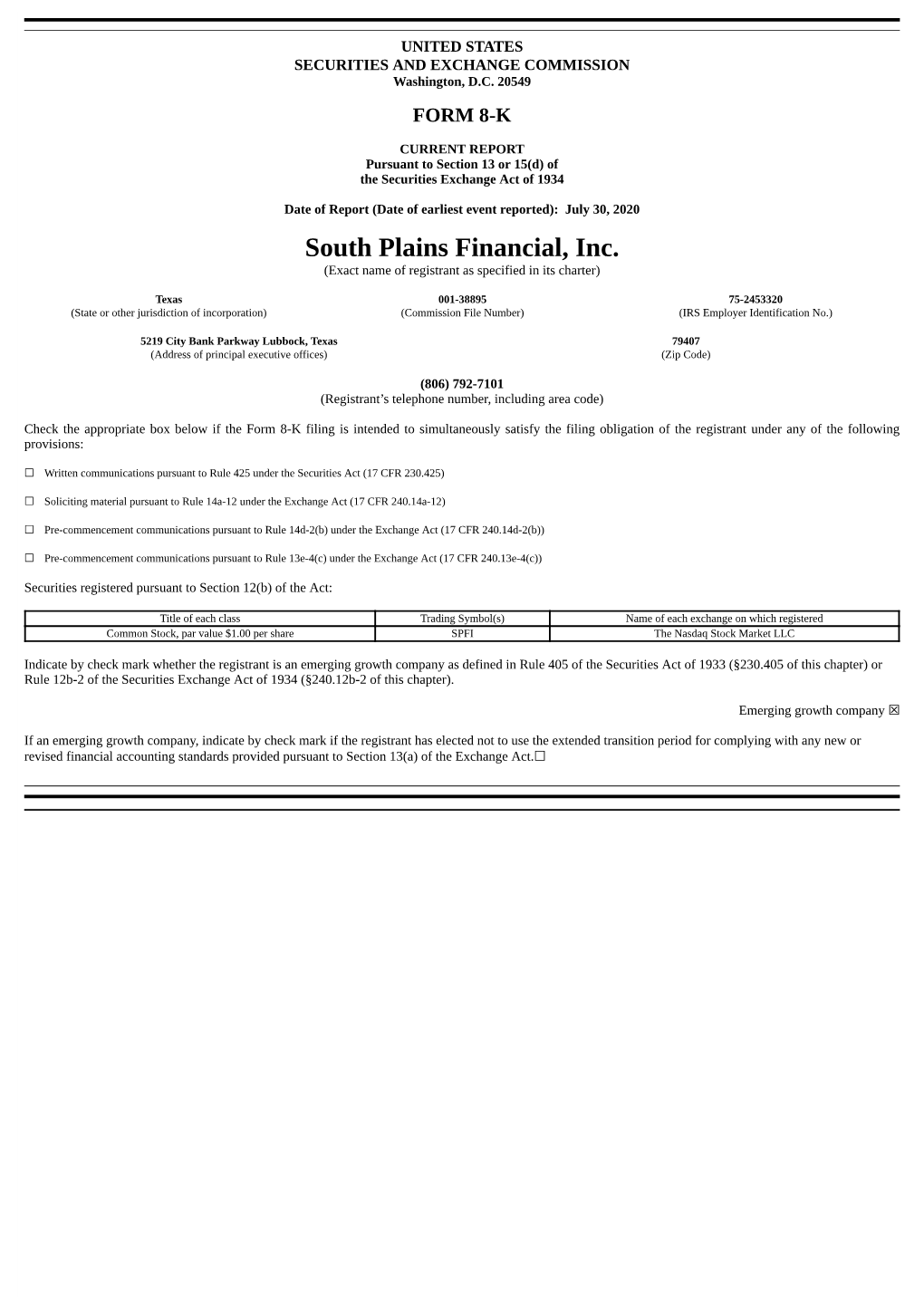 South Plains Financial, Inc. (Exact Name of Registrant As Specified in Its Charter)