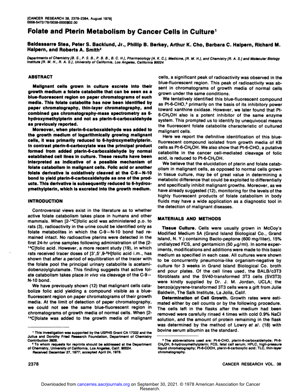 Folate and Pterin Metabolism by Cancer Cells in Culture1