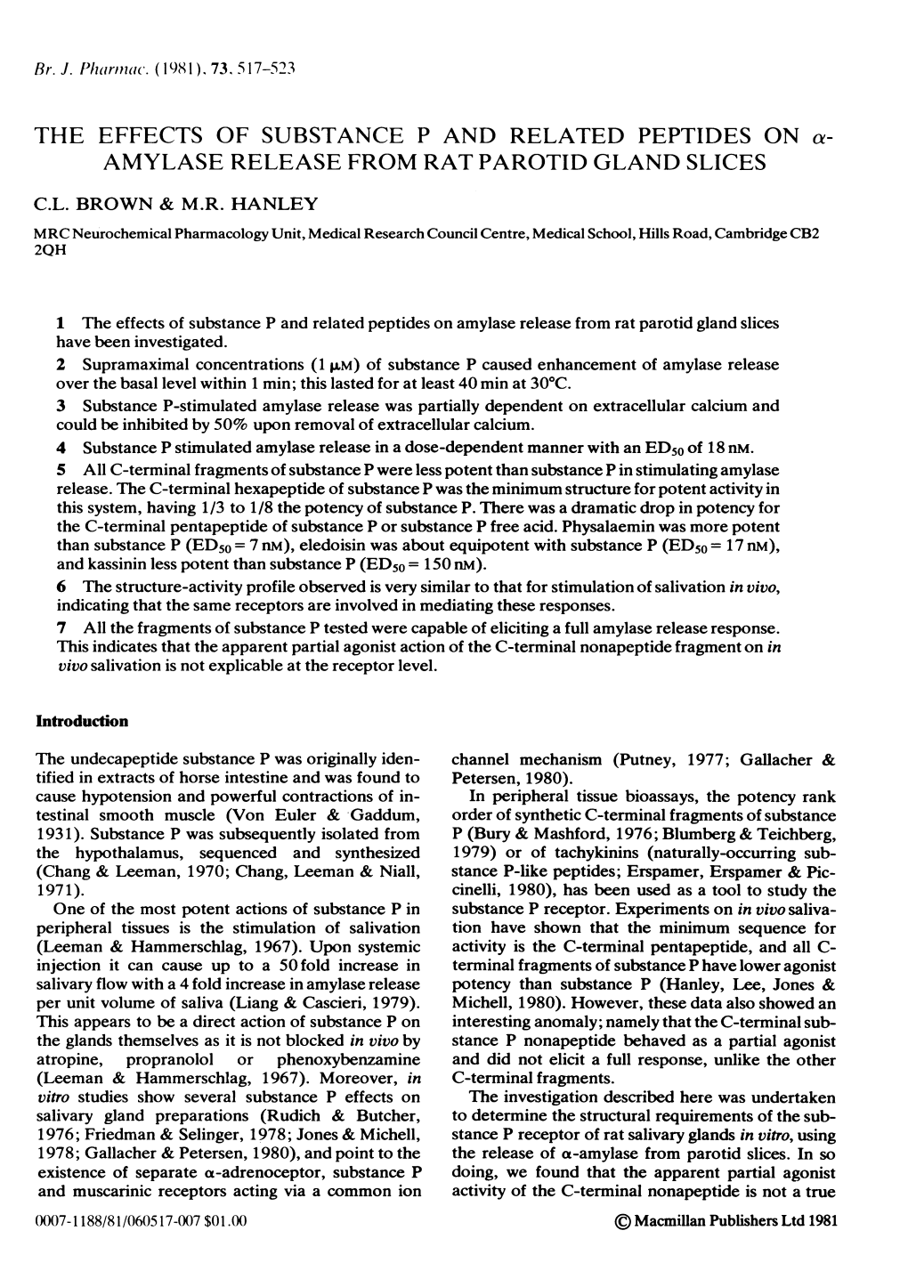 Amylase Release from Rat Parotid Gland Slices C.L