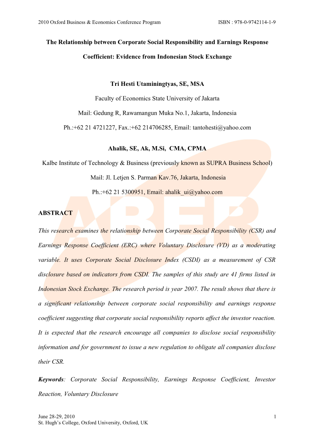 The Relationship Between Corporate Social Responsibility And Earnings Response Coefficient: Evidence From Indonesian Stock Exchange