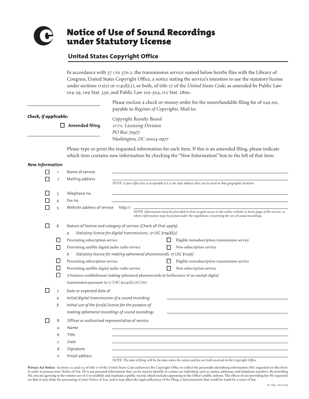 Notice of Use of Sound Recordings Under Statutory License