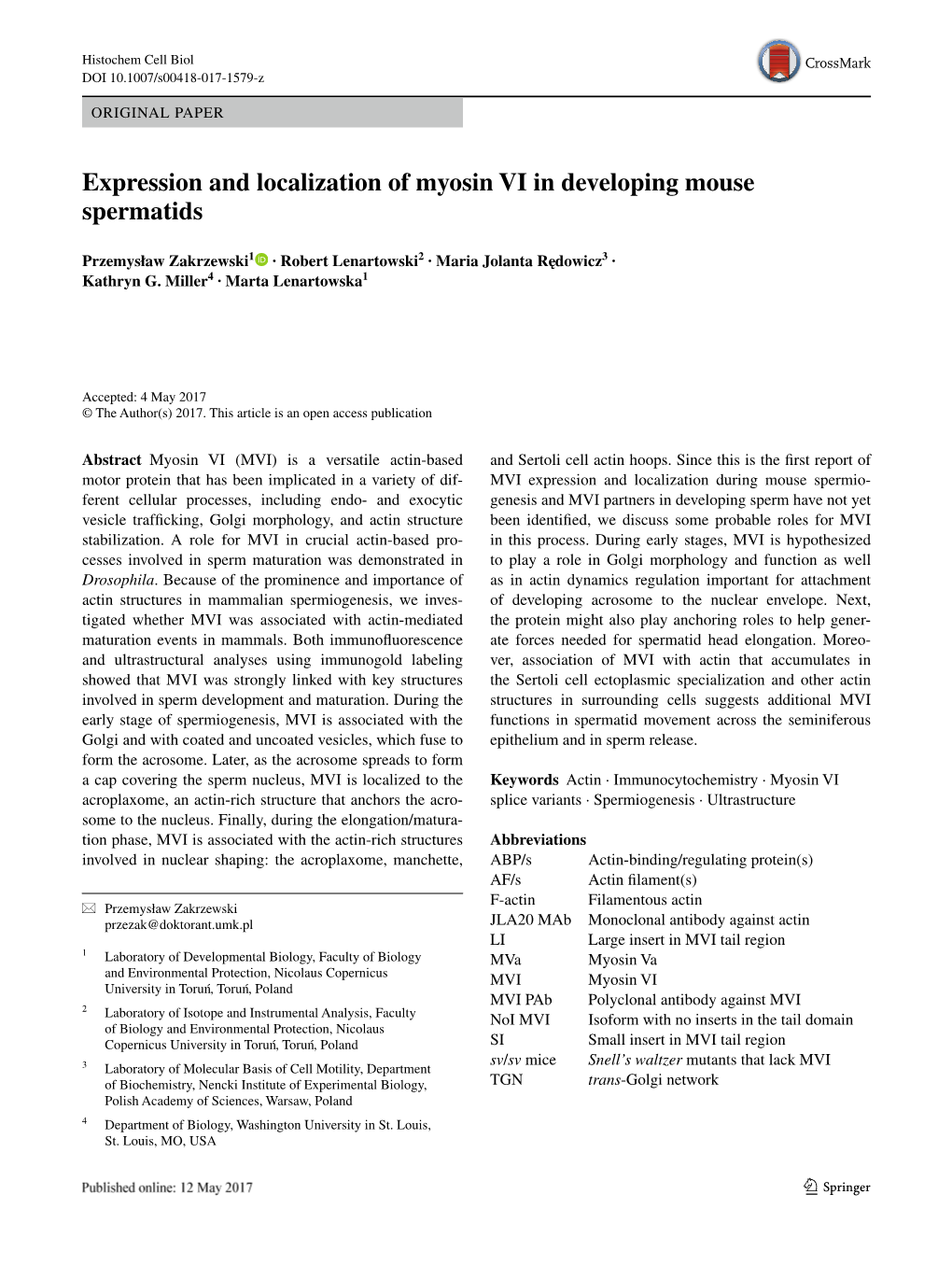 Expression and Localization of Myosin VI in Developing Mouse Spermatids