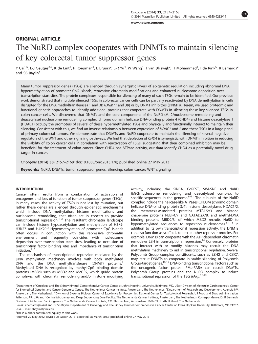 The Nurd Complex Cooperates with Dnmts to Maintain Silencing of Key Colorectal Tumor Suppressor Genes