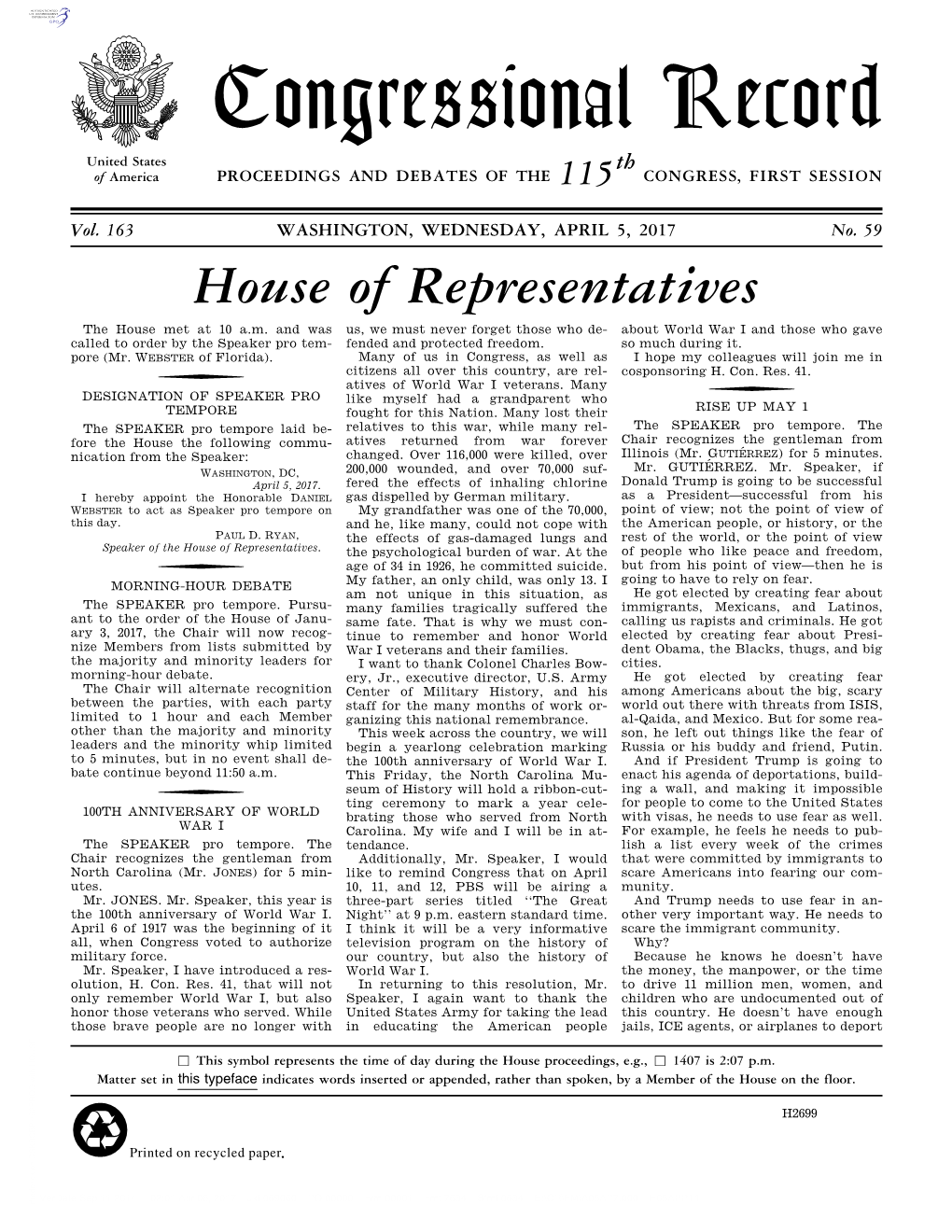 Congressional Record United States Th of America PROCEEDINGS and DEBATES of the 115 CONGRESS, FIRST SESSION