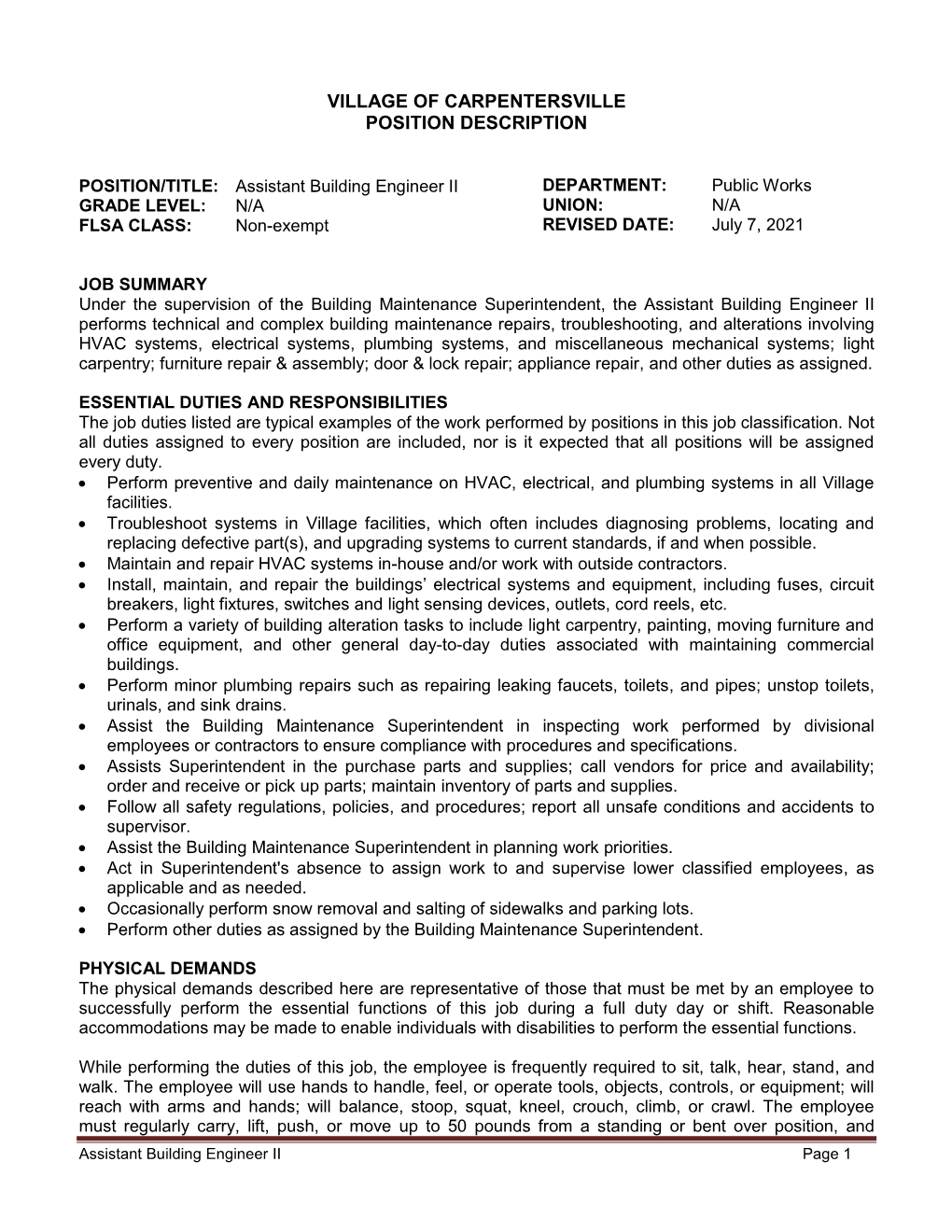 Assistant Building Engineer II Job Description