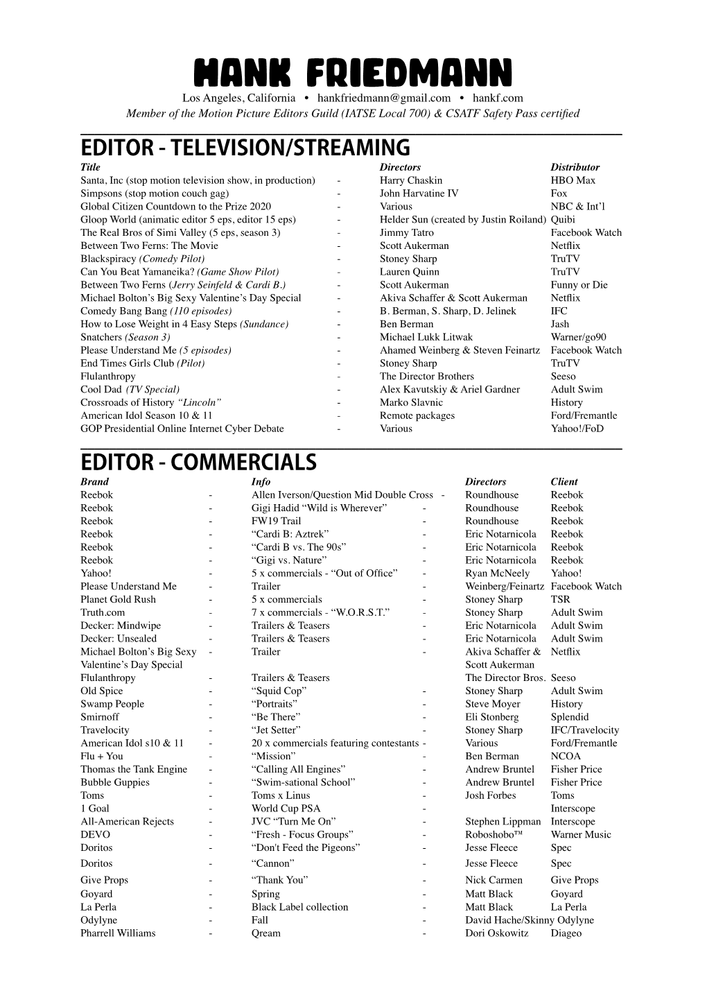 Hank Friedmann CV