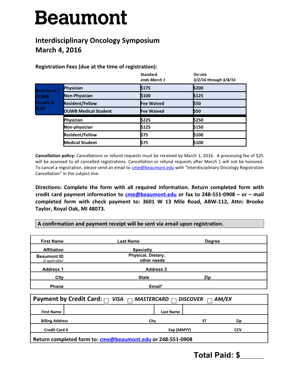 Registration Fees (Due at the Time of Registration)