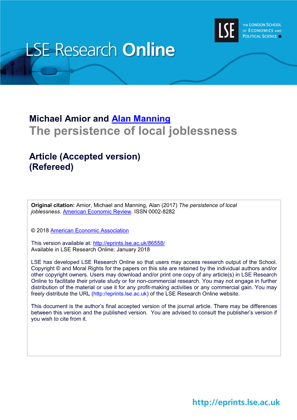 Michael Amior and Alan Manning the Persistence of Local Joblessness