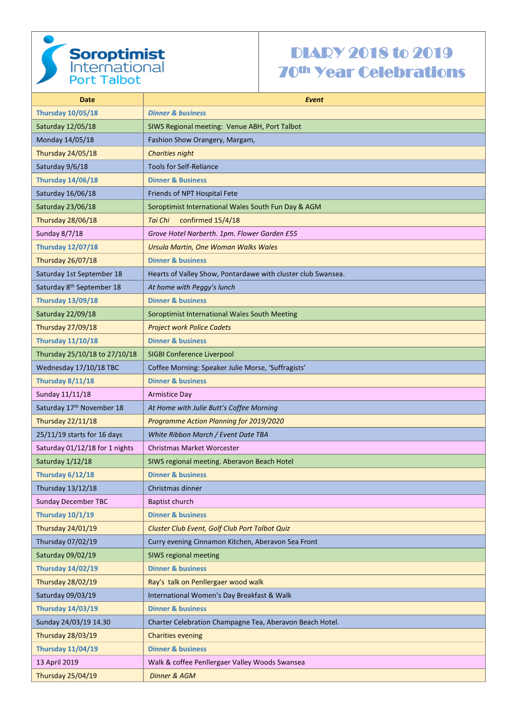 DIARY 2018 to 2019 70Th Year Celebrations