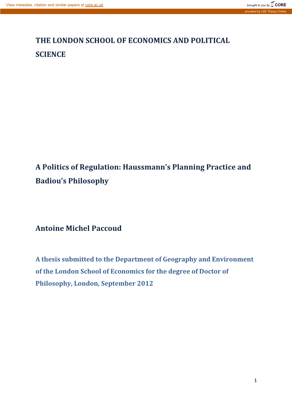 A Politics of Regulation: Haussmann's Planning Practice and Badiou's