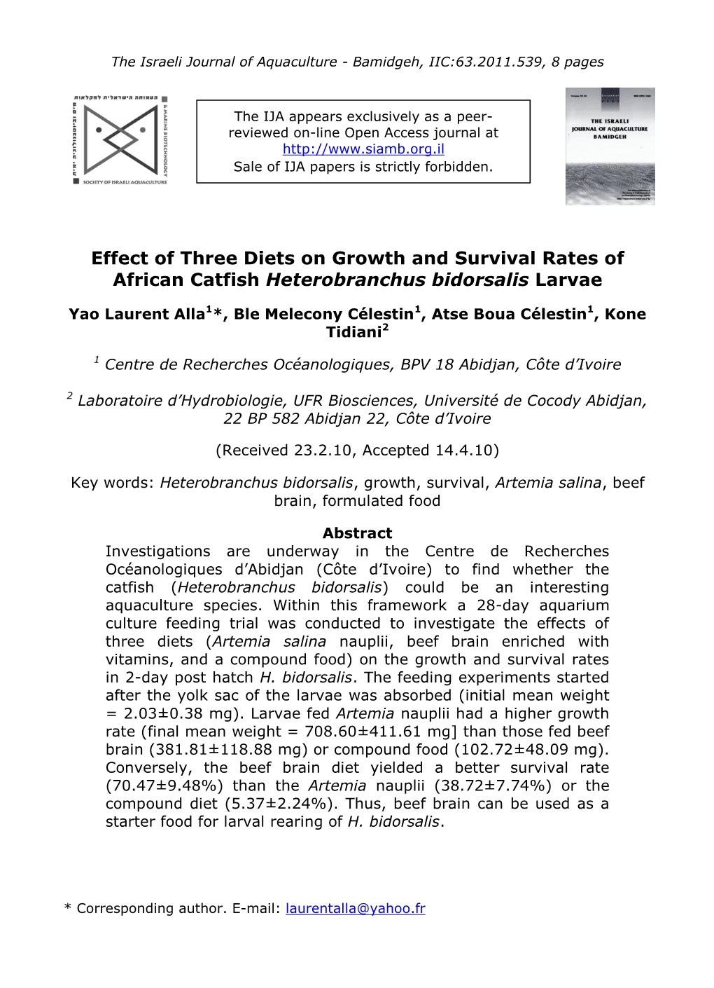 The Israeli Journal of Aquaculture - Bamidgeh, IIC:63.2011.539, 8 Pages