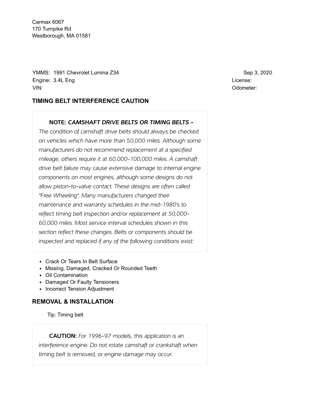 Timing Belt Interference Caution Note: Camshaft