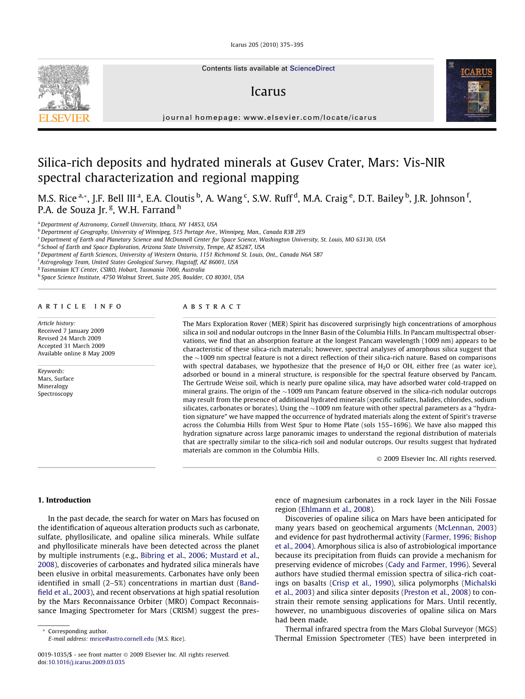 Silica-Rich Deposits and Hydrated Minerals at Gusev Crater, Mars: Vis-NIR Spectral Characterization and Regional Mapping