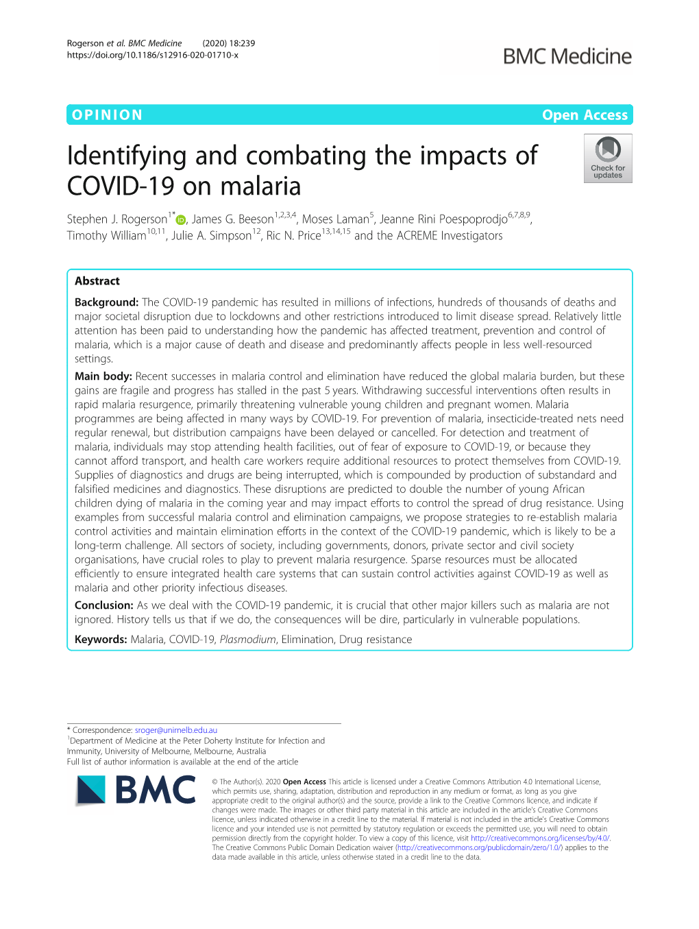 Identifying and Combating the Impacts of COVID-19 on Malaria Stephen J