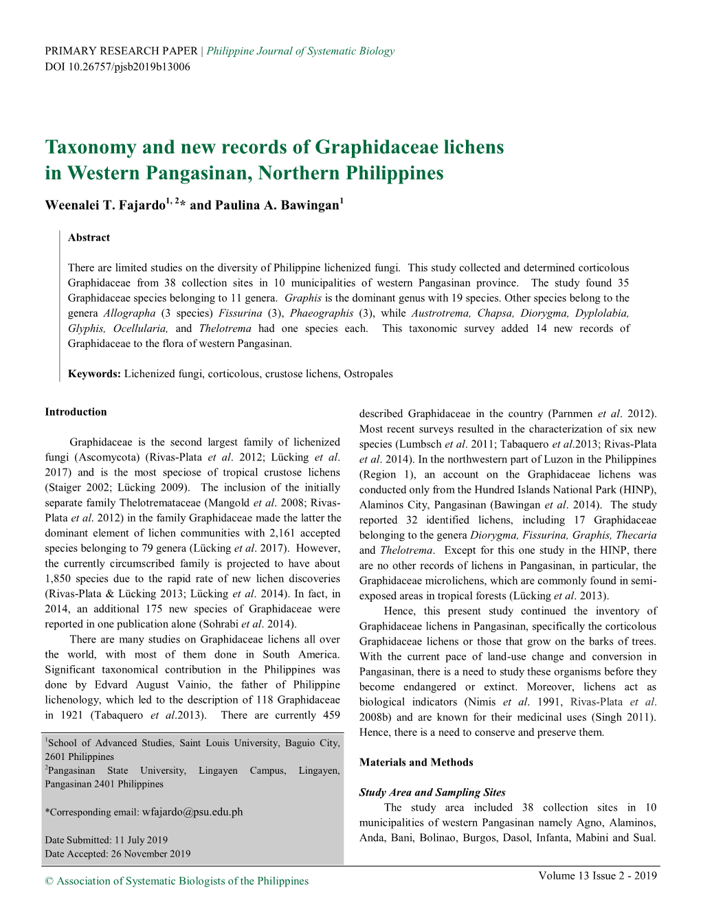 Taxonomy and New Records of Graphidaceae Lichens in Western Pangasinan, Northern Philippines
