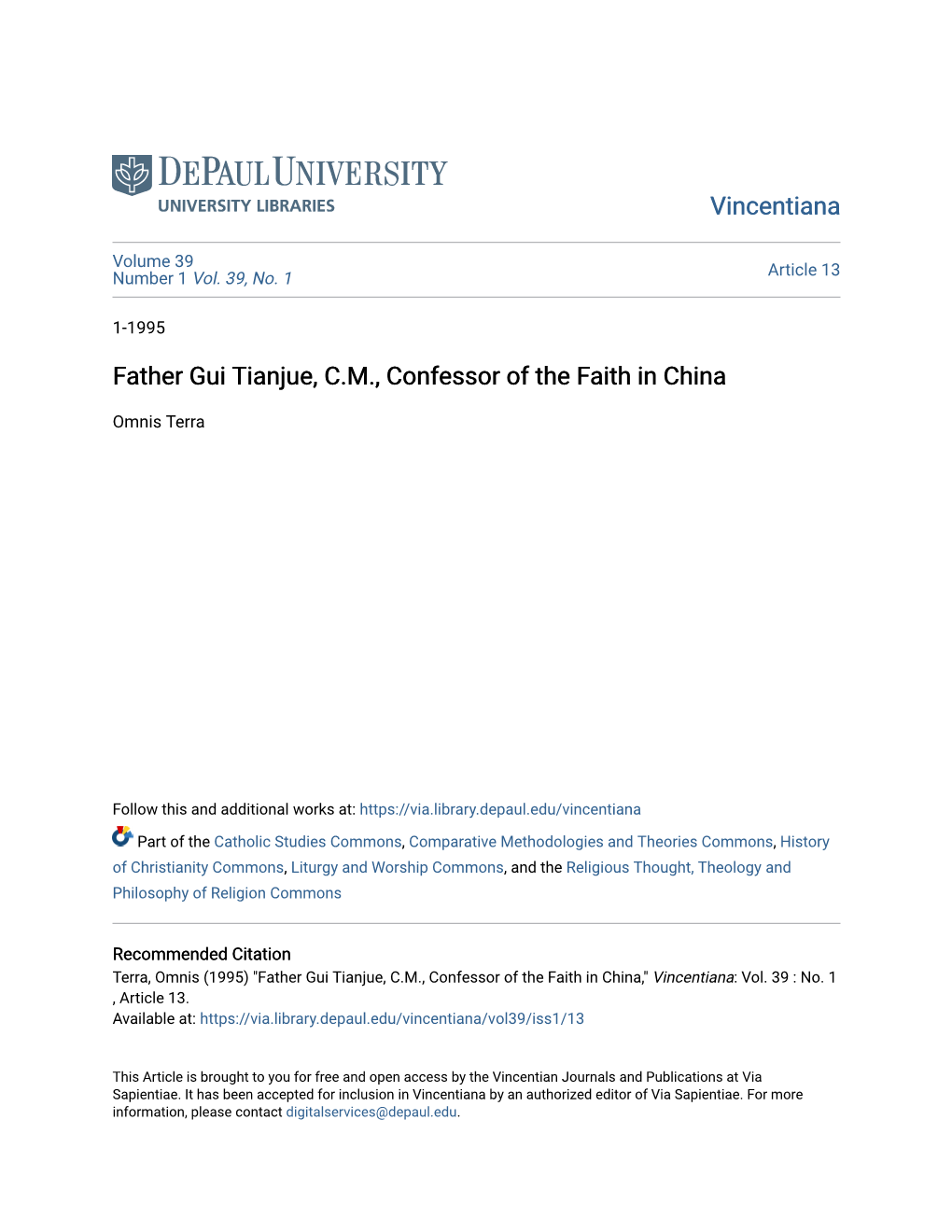 Father Gui Tianjue, C.M., Confessor of the Faith in China