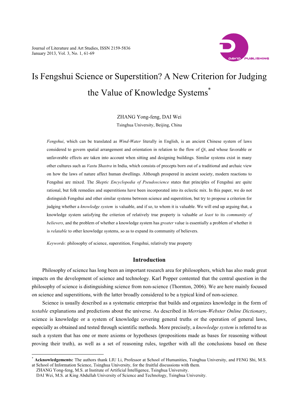 Is Fengshui Science Or Superstition? a New Criterion for Judging the Value of Knowledge Systems*