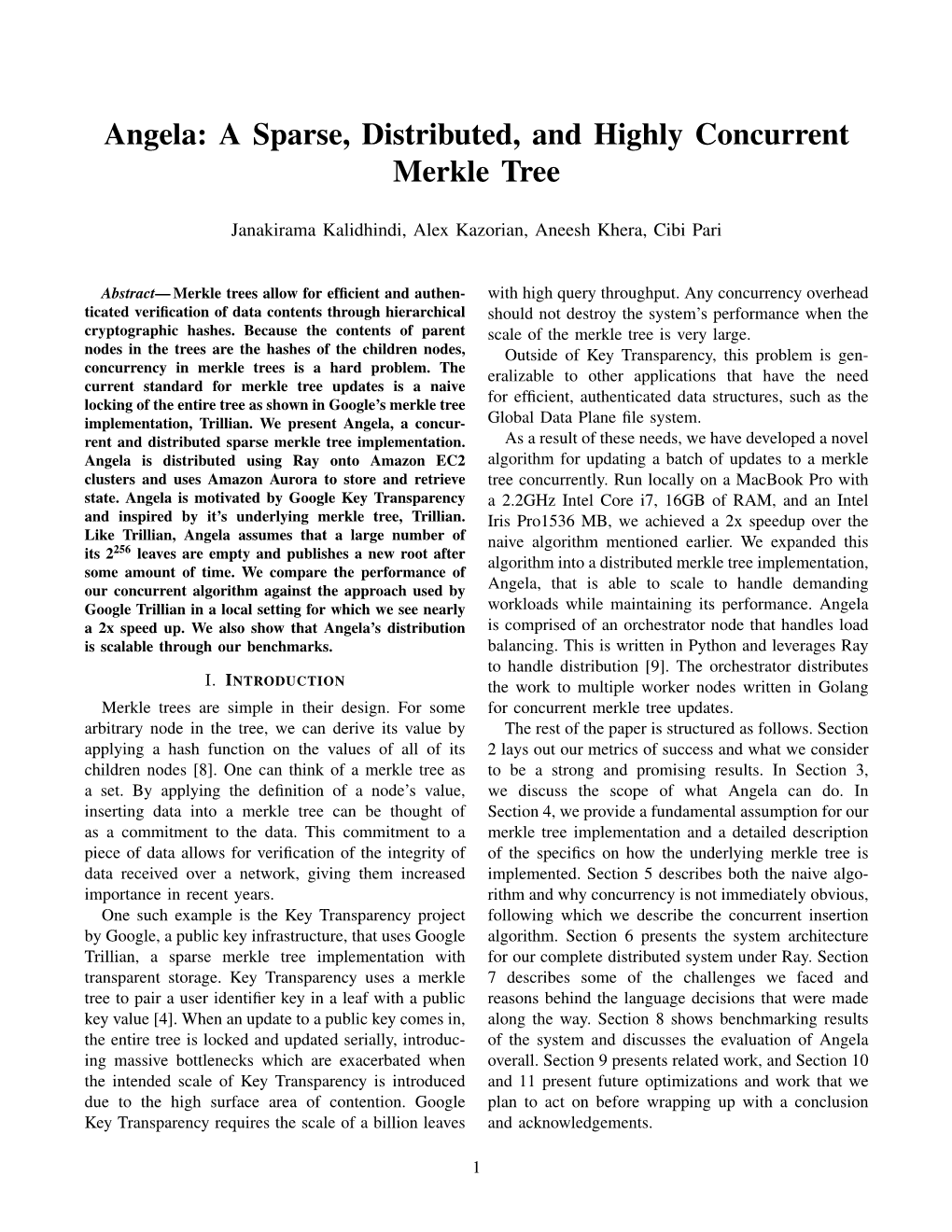 Angela: a Sparse, Distributed, and Highly Concurrent Merkle Tree