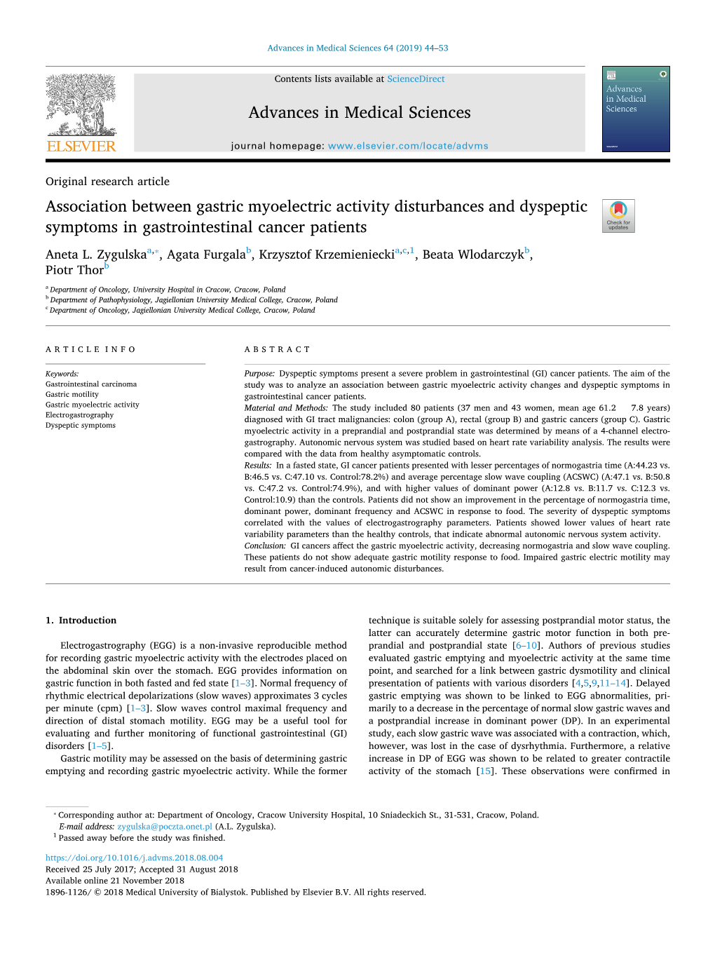 Association Between Gastric Myoelectric Activity Disturbances and Dyspeptic T Symptoms in Gastrointestinal Cancer Patients ⁎ Aneta L